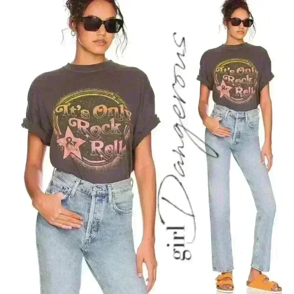 NWT Girl Dangerous It's Only Rock n Roll Loose Fit Graphic Tee
